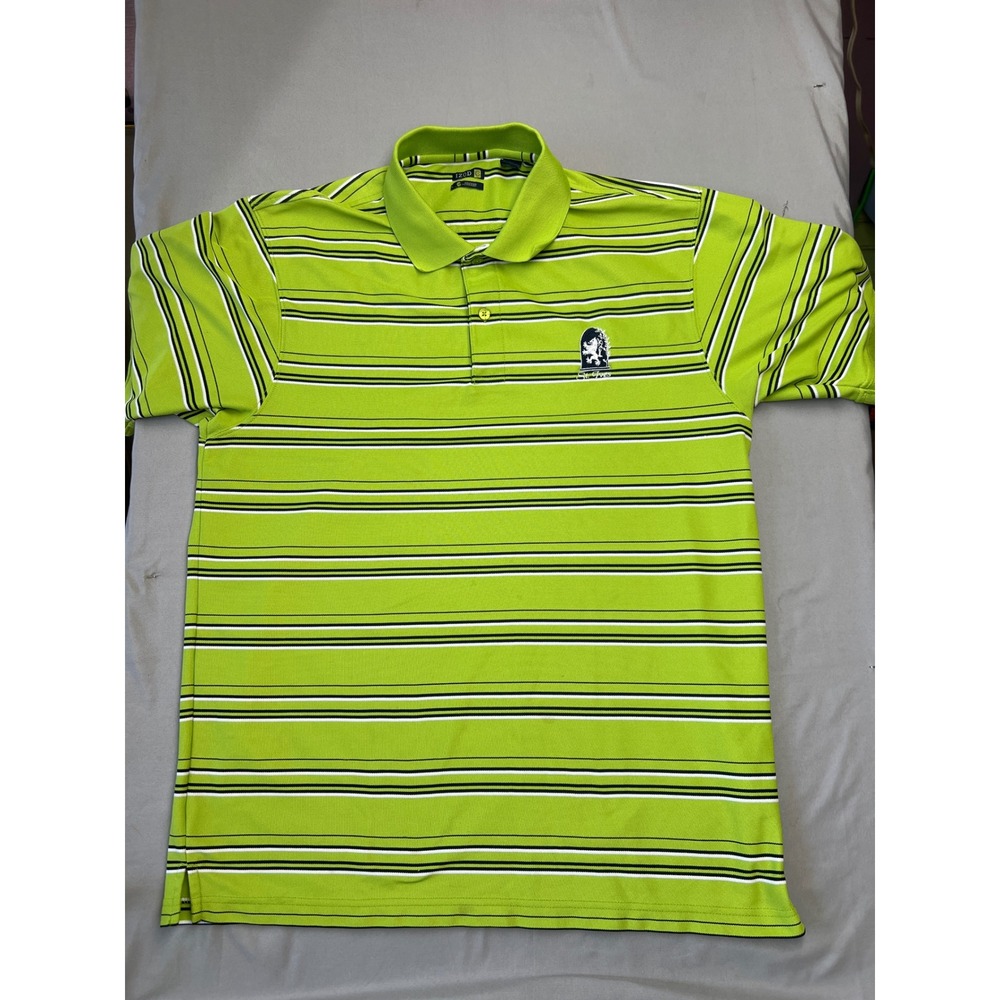 IZOD G-Fresh Mens Large Lime Green Striped Golf Polo Shirt St Ives Lion Crest